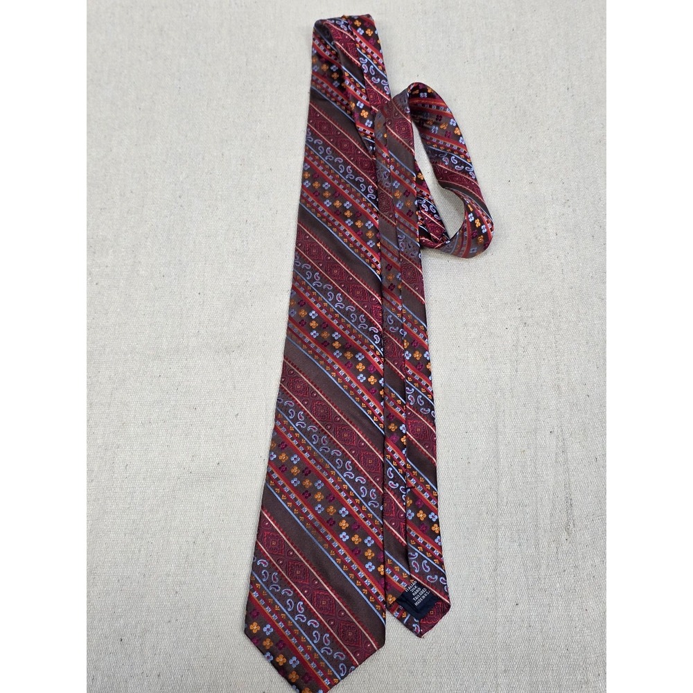 Paul Fredrick Mens Tie Brown Red Blue Striped Paisley Floral Italian Silk USA